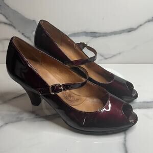 Sofft Women's Burgundy Patient Leather Peep Toe Octavia Mary Jane Pumps Sz 9.5